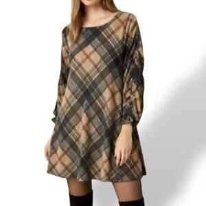 Chetta B Plaid A-Line Dress Women's XL Preppy Academia Knee Length Tan Black Red